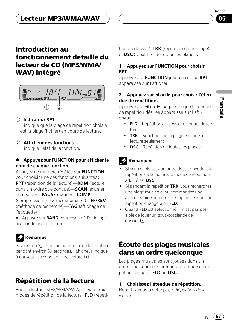 Introduction au fonctionnement détaillé du, Lecteur de cd (mp3/wma/wav), Intégré 67 | Répétition de la lecture 67, Écoute des plages musicales dans un ordre, Quelconque 67, Répétition de la lecture, Lecteur mp3/wma/wav | Pioneer DEH-P4600MP User Manual | Page 67 / 140