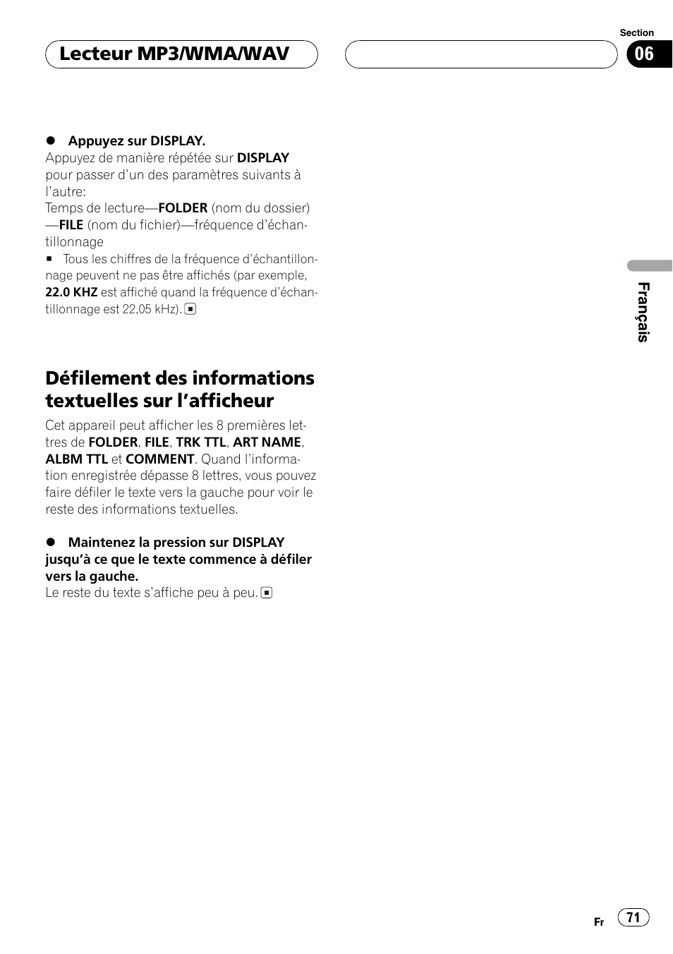 Défilement des informations textuelles sur, Lafficheur 71, Lecteur mp3/wma/wav | Pioneer DEH-P4600MP User Manual | Page 71 / 140