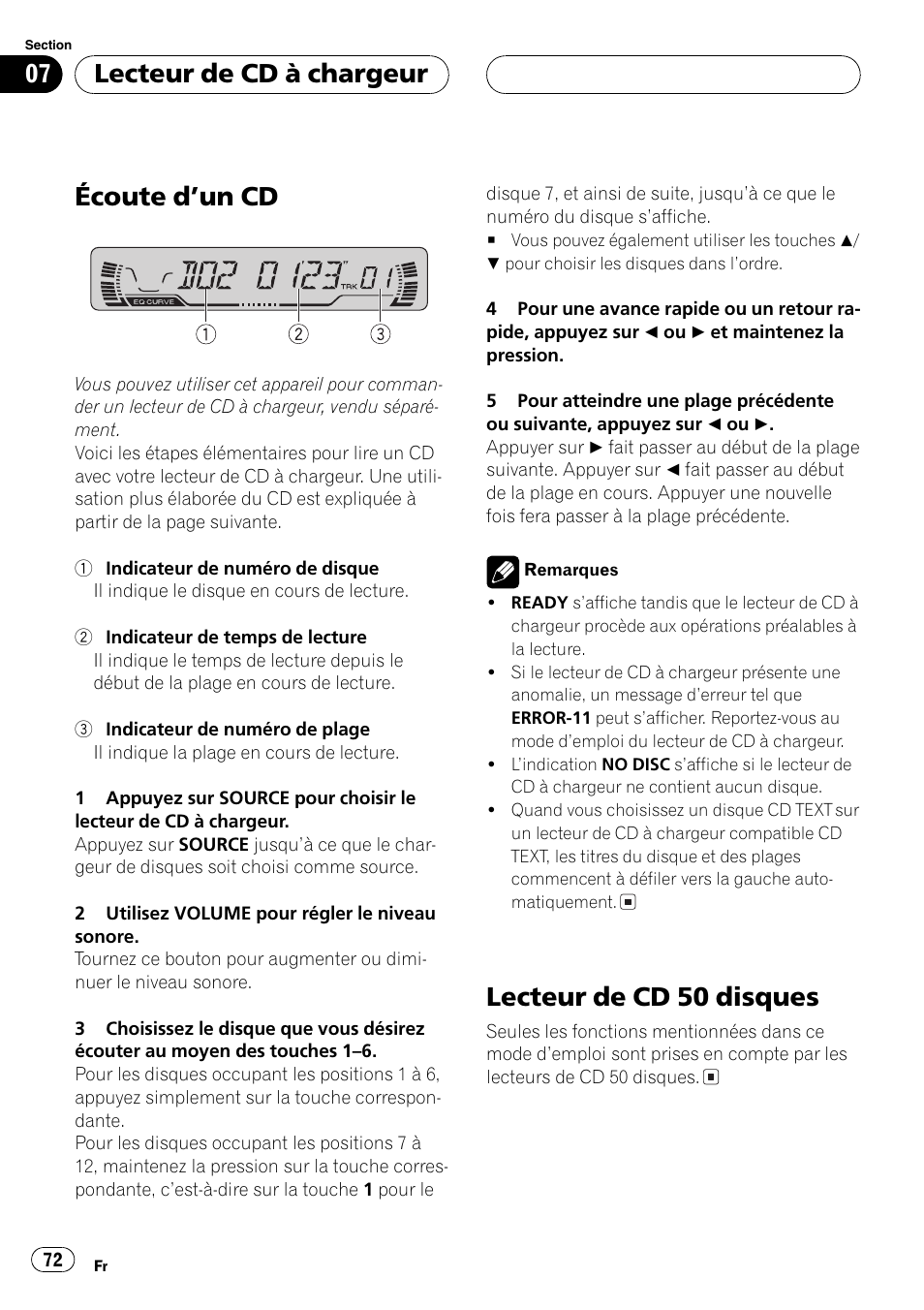 Lecteur de cd à chargeur, Écoute dun cd 72, Lecteur de cd 50 disques 72 | Écoute dun cd, Lecteur de cd 50 disques | Pioneer DEH-P4600MP User Manual | Page 72 / 140