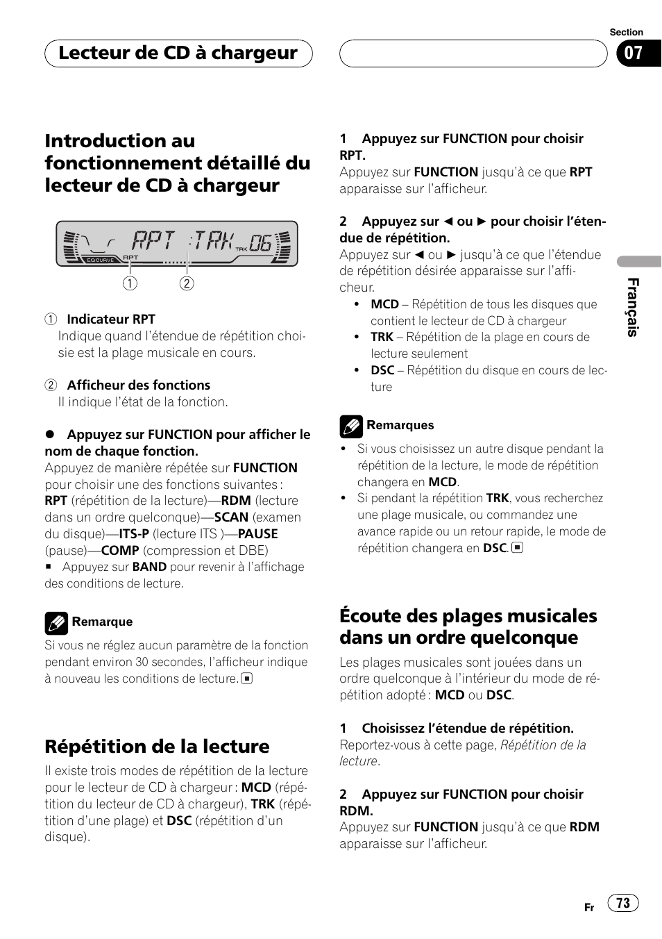 Introduction au fonctionnement détaillé du, Lecteur de cd à chargeur 73, Répétition de la lecture 73 | Écoute des plages musicales dans un ordre, Quelconque 73, Répétition de la lecture, Lecteur de cd à chargeur | Pioneer DEH-P4600MP User Manual | Page 73 / 140