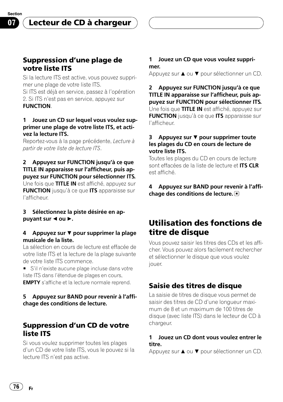 Suppression dune plage de votre liste, Its 76, Suppression dun cd de votre liste | Utilisation des fonctions de titre de, Disque 76, Saisie des titres de disque 76, Utilisation des fonctions de titre de disque, Lecteur de cd à chargeur | Pioneer DEH-P4600MP User Manual | Page 76 / 140