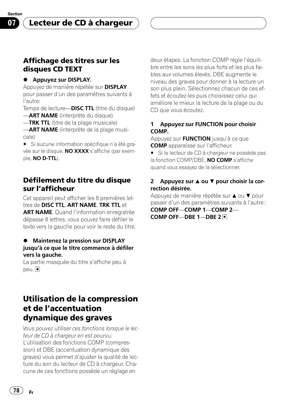 Affichage des titres sur les disques, Cd text 78, Défilement du titre du disque sur | Lafficheur 78, Utilisation de la compression et de, Laccentuation dynamique des graves 78, Lecteur de cd à chargeur | Pioneer DEH-P4600MP User Manual | Page 78 / 140