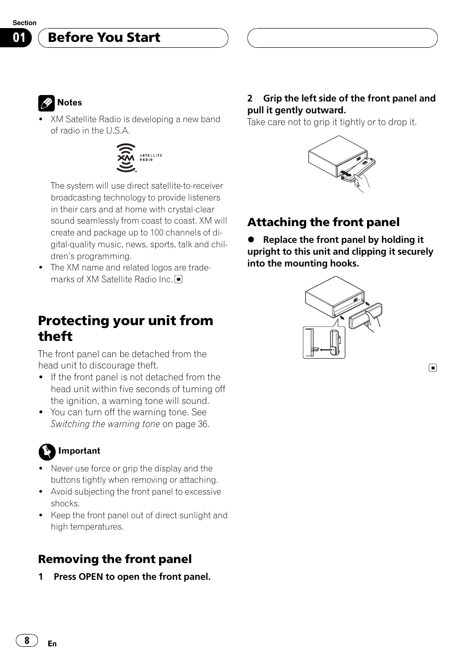 Protecting your unit from theft 8, Removing the front panel 8, Attaching the front panel 8 | Protecting your unit from theft, Before you start, Removing the front panel, Attaching the front panel | Pioneer DEH-P4600MP User Manual | Page 8 / 140