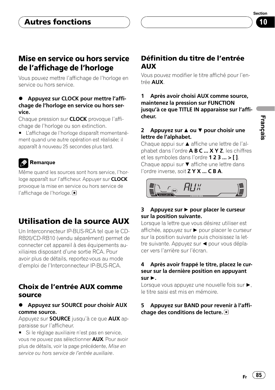 Autres fonctions, Mise en service ou hors service de laffichage, De lhorloge 85 | Utilisation de la source aux 85, Choix de lentrée aux comme, Source 85, Définition du titre de lentrée aux 85, Utilisation de la source aux | Pioneer DEH-P4600MP User Manual | Page 85 / 140