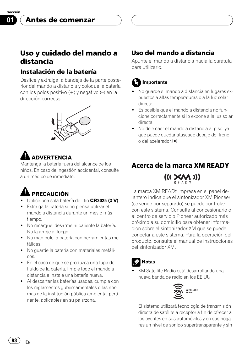 Uso y cuidado del mando a distancia 98, Instalación de la batería 98, Uso del mando a distancia 98 | Acerca de la marca xmready 98, Uso y cuidado del mando a distancia, Acerca de la marca xm ready, Antes de comenzar, Instalación de la batería, Uso del mando a distancia | Pioneer DEH-P4600MP User Manual | Page 98 / 140