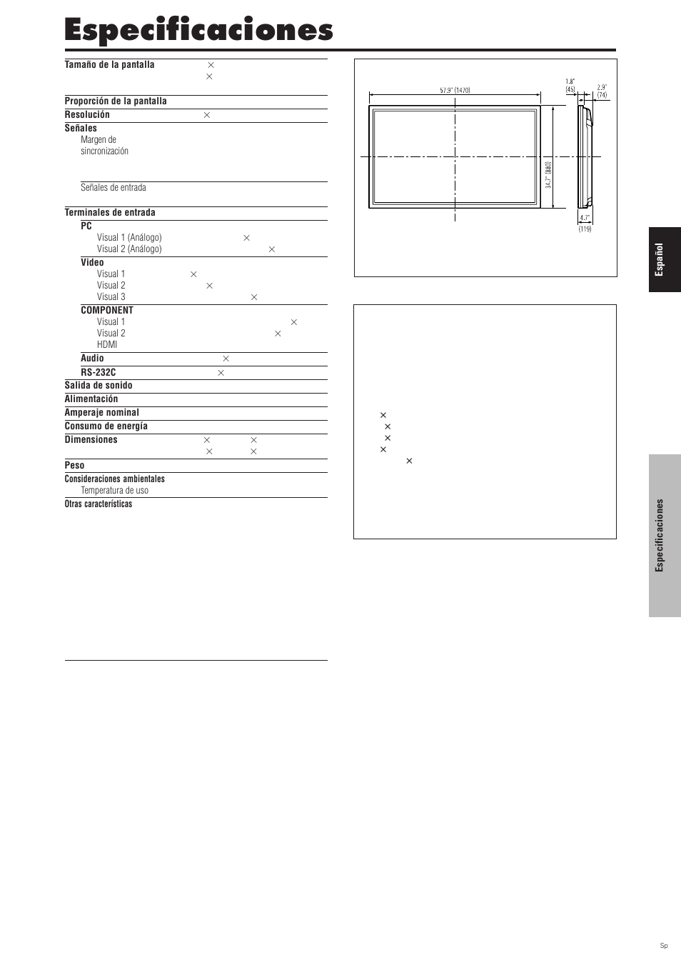 Especificaciones | Pioneer PDP-6100HD User Manual | Page 109 / 110