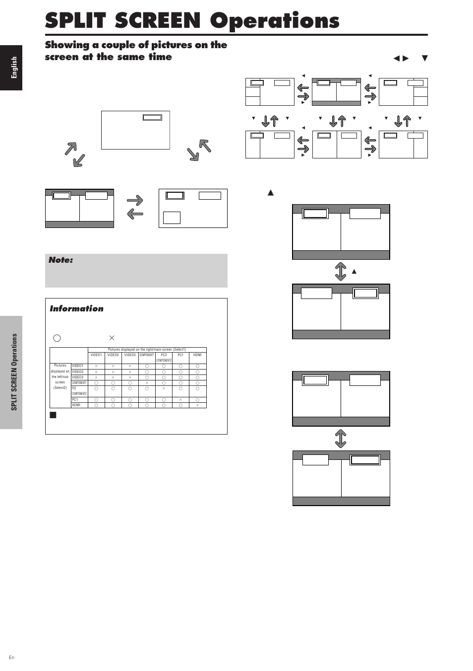 Split screen operations, Showing a couple of pictures on the screen at the, Same time | Operations in the side-by-side mode, Button, English | Pioneer PDP-6100HD User Manual | Page 17 / 110