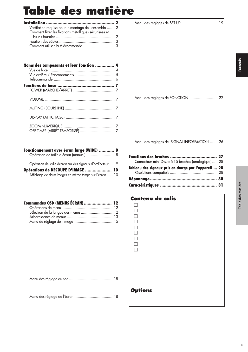 Table des matière, Contenu du colis, Options | Pioneer PDP-6100HD User Manual | Page 43 / 110