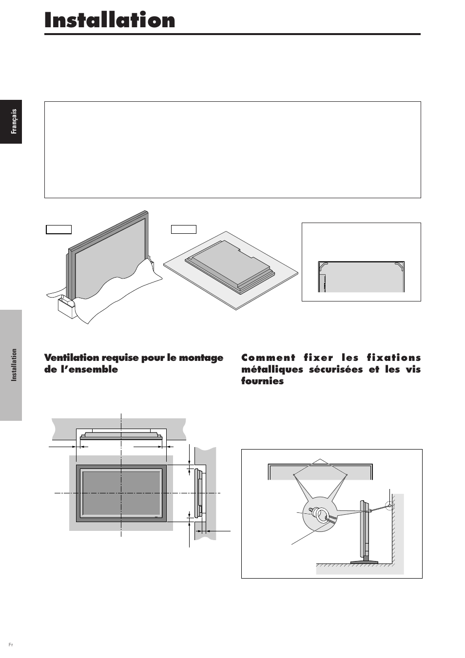 Installation, Les vis fournies, Ventilation requise pour le montage de l’ensemble | Pioneer PDP-6100HD User Manual | Page 44 / 110