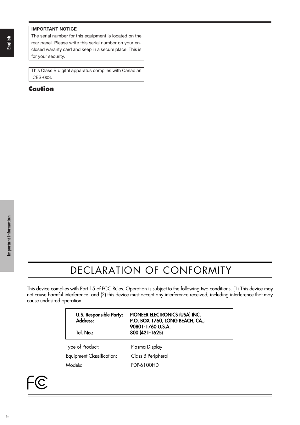 Declaration of conformity | Pioneer PDP-6100HD User Manual | Page 5 / 110