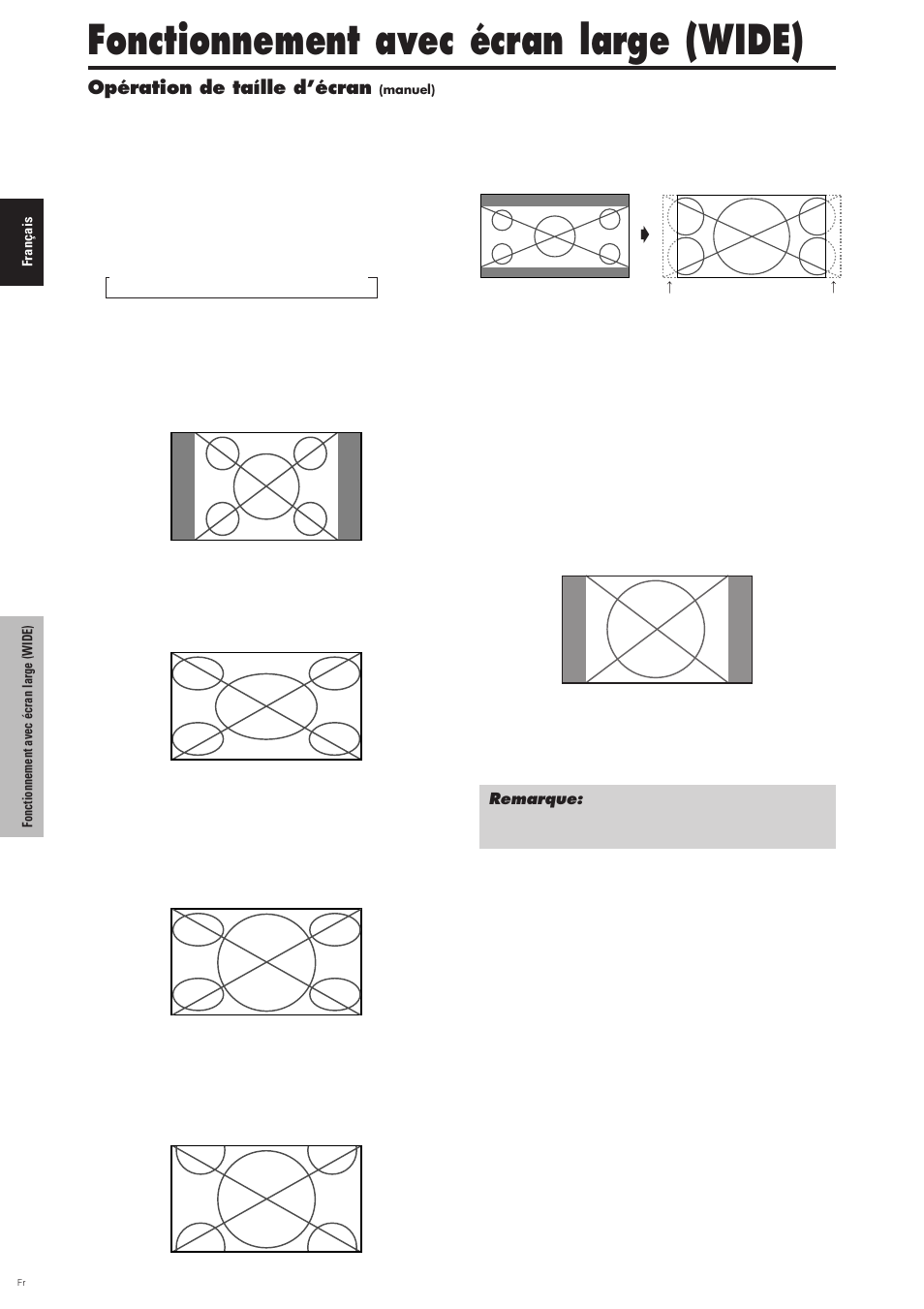Fonctionnement avec écran large (wide), Opération de taílle d’écran (manuel), Visualisation de vidéos ou de disques laser vidéo | Opération de taílle d’écran | Pioneer PDP-6100HD User Manual | Page 50 / 110