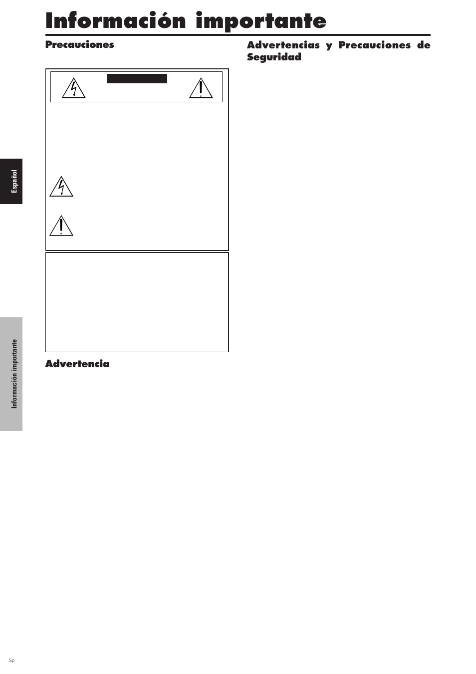 Información importante, Precauciones, Advertencia | Advertencias y precauciones de seguridad | Pioneer PDP-6100HD User Manual | Page 75 / 110