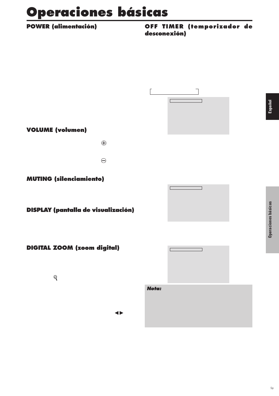 Operaciones básicas, Power (alimentación), Para encender y apagar la unidad (on/off) | Volume (volumen), Para ajustar el nivel del sonido, Muting (silenciamiento), Para desactivar el sonido, Display (pantalla de visualización), Para comprobar los ajustes, Off timer (temporizador de desconexión) | Pioneer PDP-6100HD User Manual | Page 85 / 110