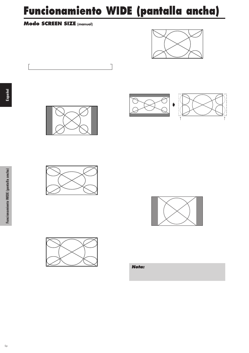 Funcionamiento wide (pantalla ancha), Modo screen size (manual), Cuando vea vídeos o discos vídeo digitales | Modo screen size | Pioneer PDP-6100HD User Manual | Page 86 / 110