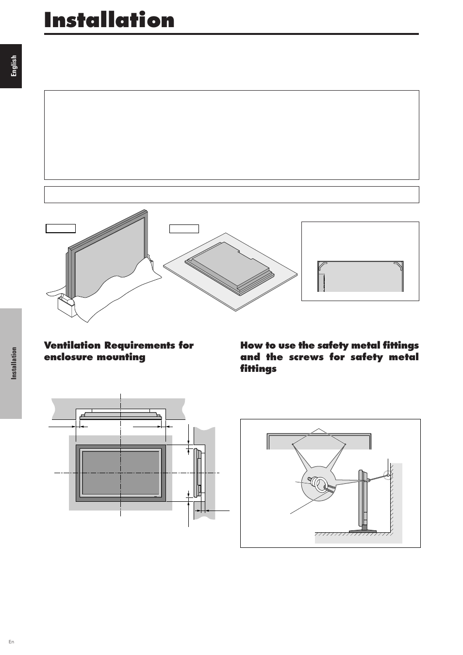 Installation, Safety metal fittings, Ventilation requirements for enclosure mounting | Pioneer PDP-6100HD User Manual | Page 9 / 110