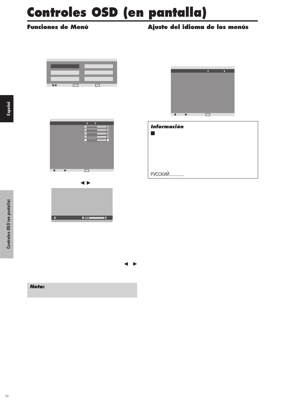 Controles osd (en pantalla), Funciones de menú ajuste del idioma de los menús, Funciones de menú | Ajuste del idioma de los menús | Pioneer PDP-6100HD User Manual | Page 90 / 110