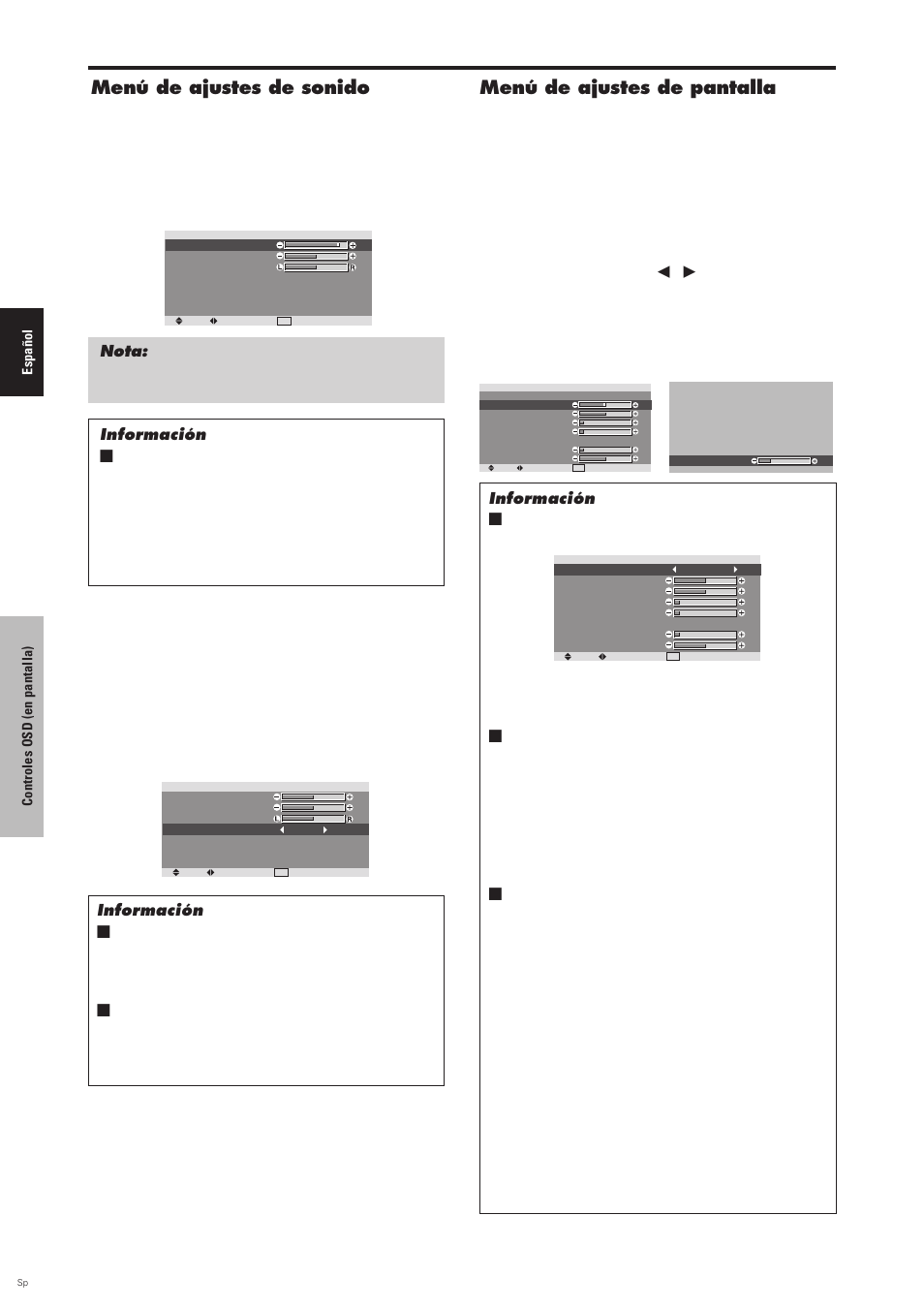 Menú de ajustes de sonido, Menú de ajustes de pantalla, Ajuste de las opciones posición, tamaño, fase | Reloj | Pioneer PDP-6100HD User Manual | Page 96 / 110