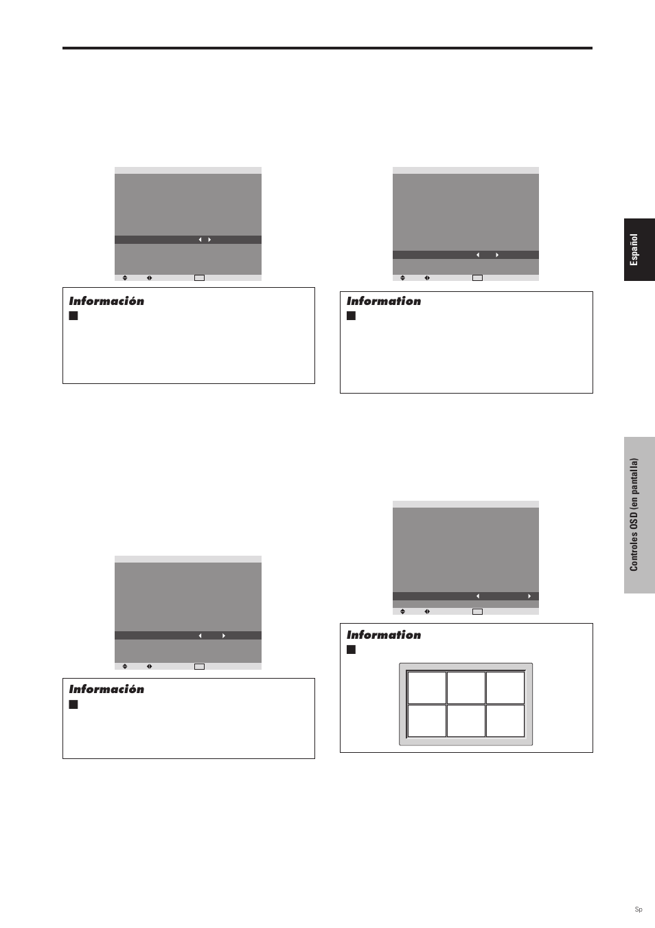 Vídeo s1/s2, Visualizaciones de activado/desactivado de, Información | Ajuste de la posición del menú, Information Ⅵ ajustes de ajuste osd | Pioneer PDP-6100HD User Manual | Page 99 / 110