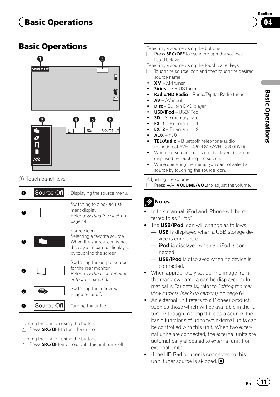 Basic operations basic operations, Basic operations, Front | Pioneer AVH-P3200BT User Manual | Page 11 / 96
