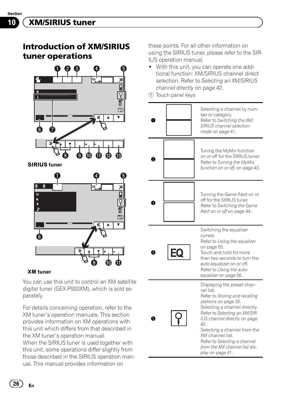 Xm/sirius tuner introduction of xm/sirius tuner, Operations, Ch183 | Team on team off, Introduction of xm/sirius tuner operations, 10 xm/sirius tuner, 8a b | Pioneer AVH-P3200BT User Manual | Page 26 / 96