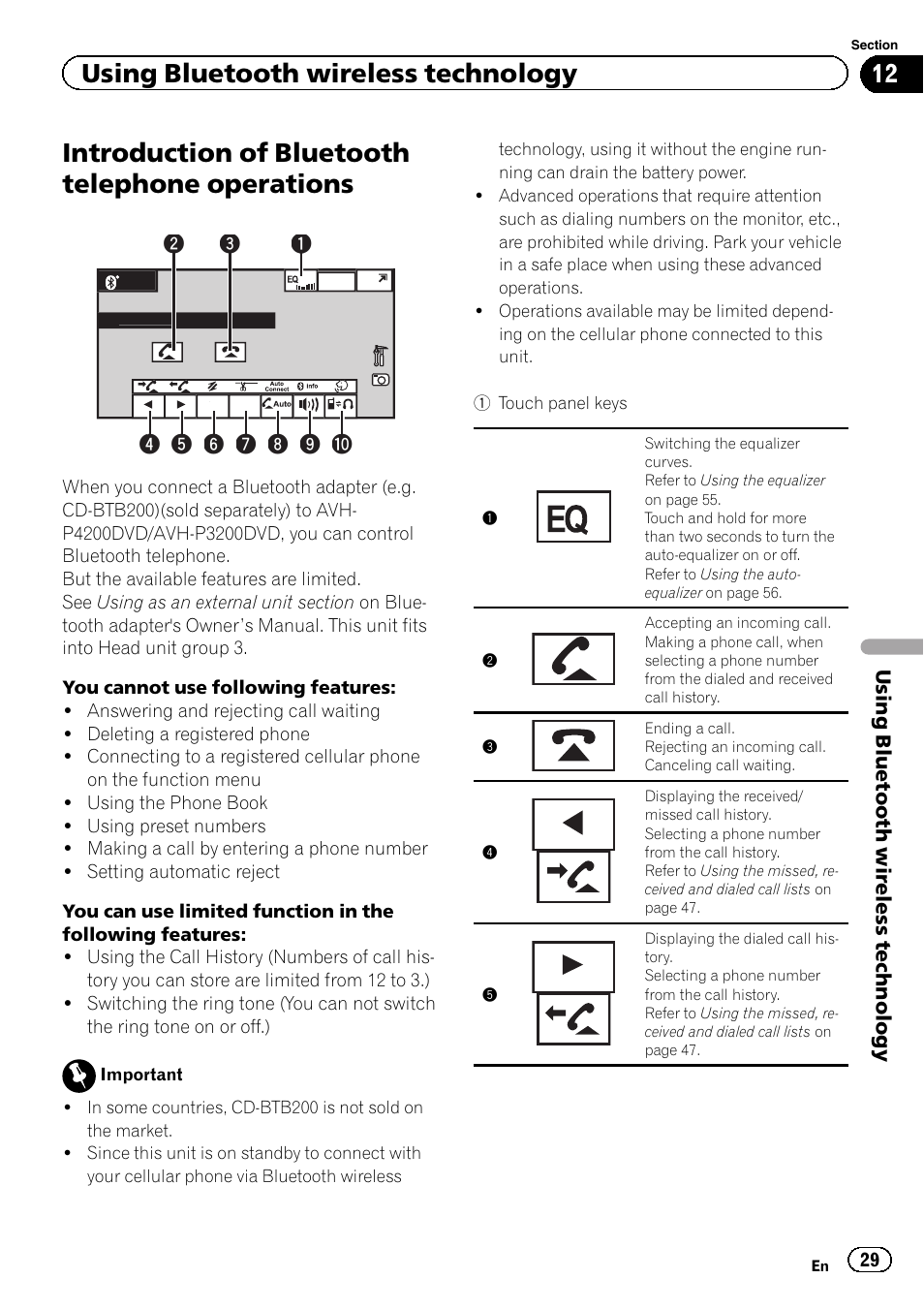 Operations, Introduction of bluetooth telephone operations, Using bluetooth wireless technology | Pioneer AVH-P3200BT User Manual | Page 29 / 96