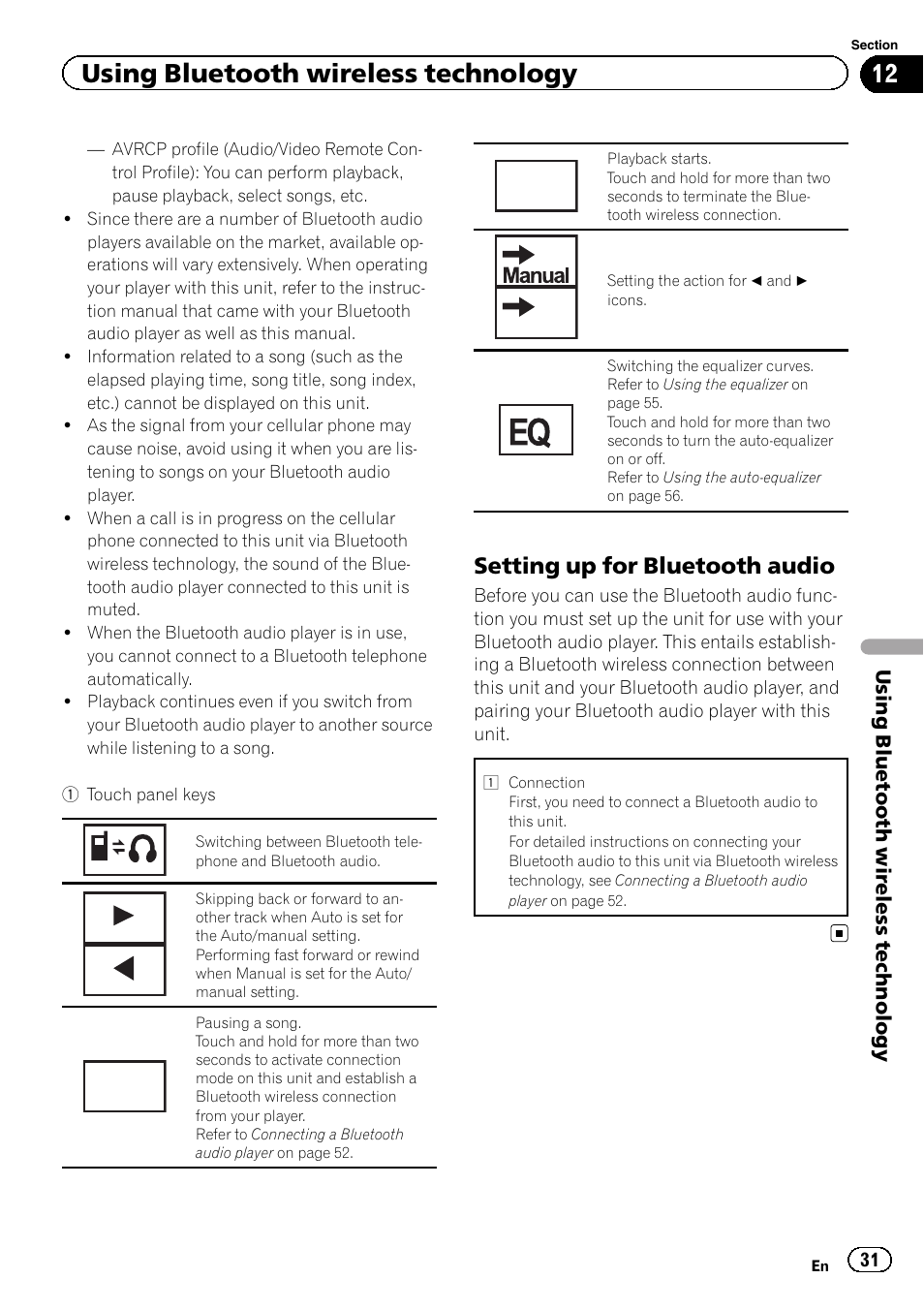 Using bluetooth wireless technology, Setting up for bluetooth audio | Pioneer AVH-P3200BT User Manual | Page 31 / 96