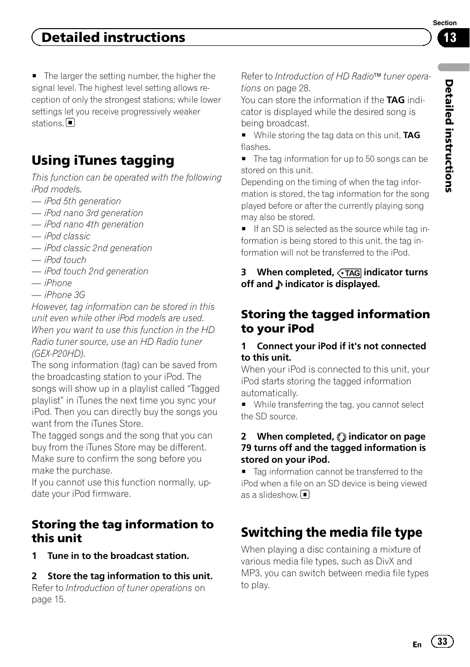 Using itunes tagging, Switching the media file type, Detailed instructions | Pioneer AVH-P3200BT User Manual | Page 33 / 96