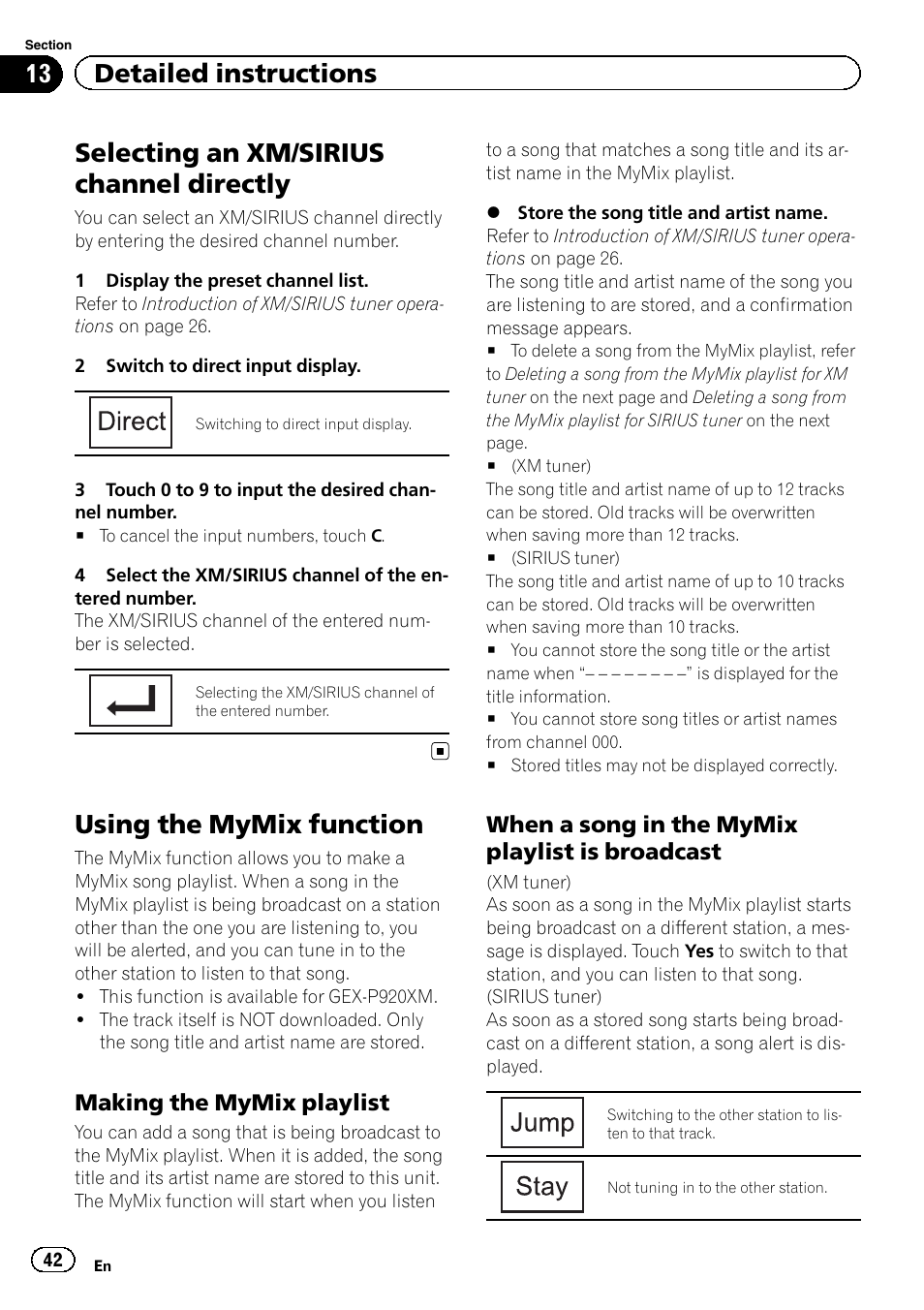 Selecting an xm/sirius channel directly, Using the mymix function, 13 detailed instructions | Making the mymix playlist, When a song in the mymix playlist is broadcast | Pioneer AVH-P3200BT User Manual | Page 42 / 96