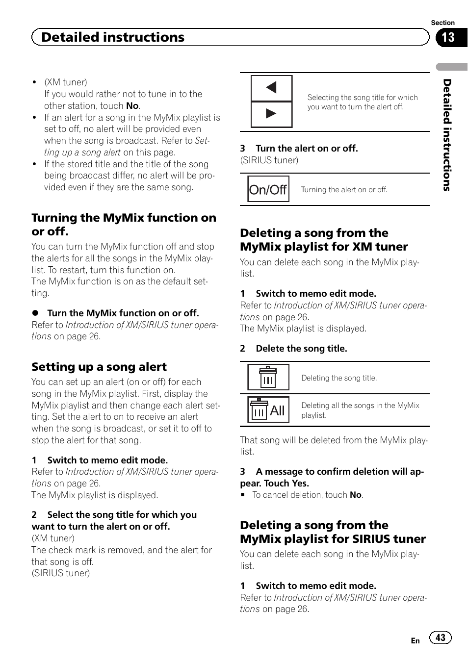 Detailed instructions, Turning the mymix function on or off, Setting up a song alert | Pioneer AVH-P3200BT User Manual | Page 43 / 96