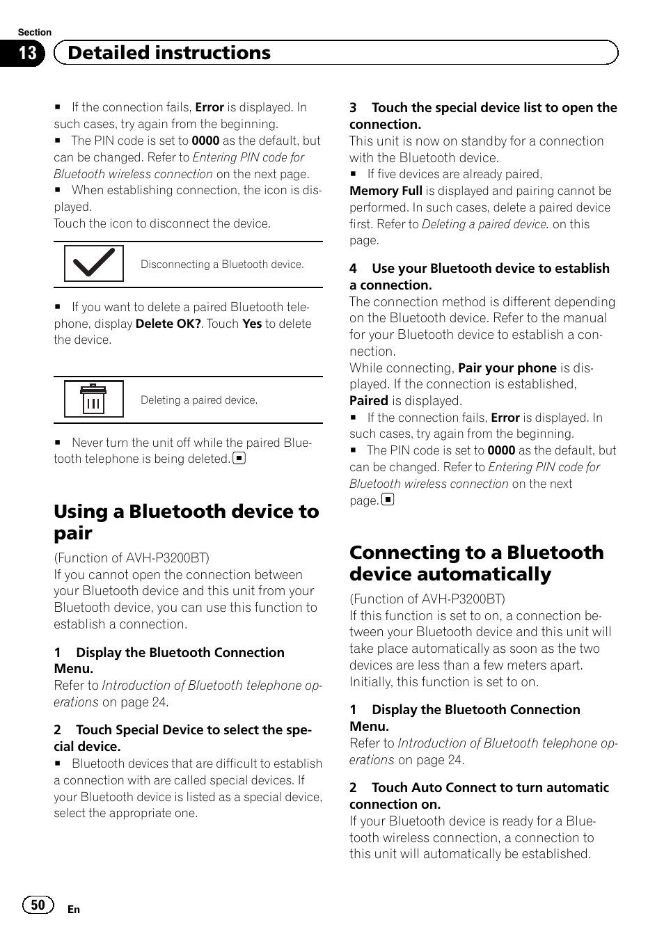 Using a bluetooth device to pair, Connecting to a bluetooth device, Automatically | Connecting to a bluetooth device automatically, 13 detailed instructions | Pioneer AVH-P3200BT User Manual | Page 50 / 96