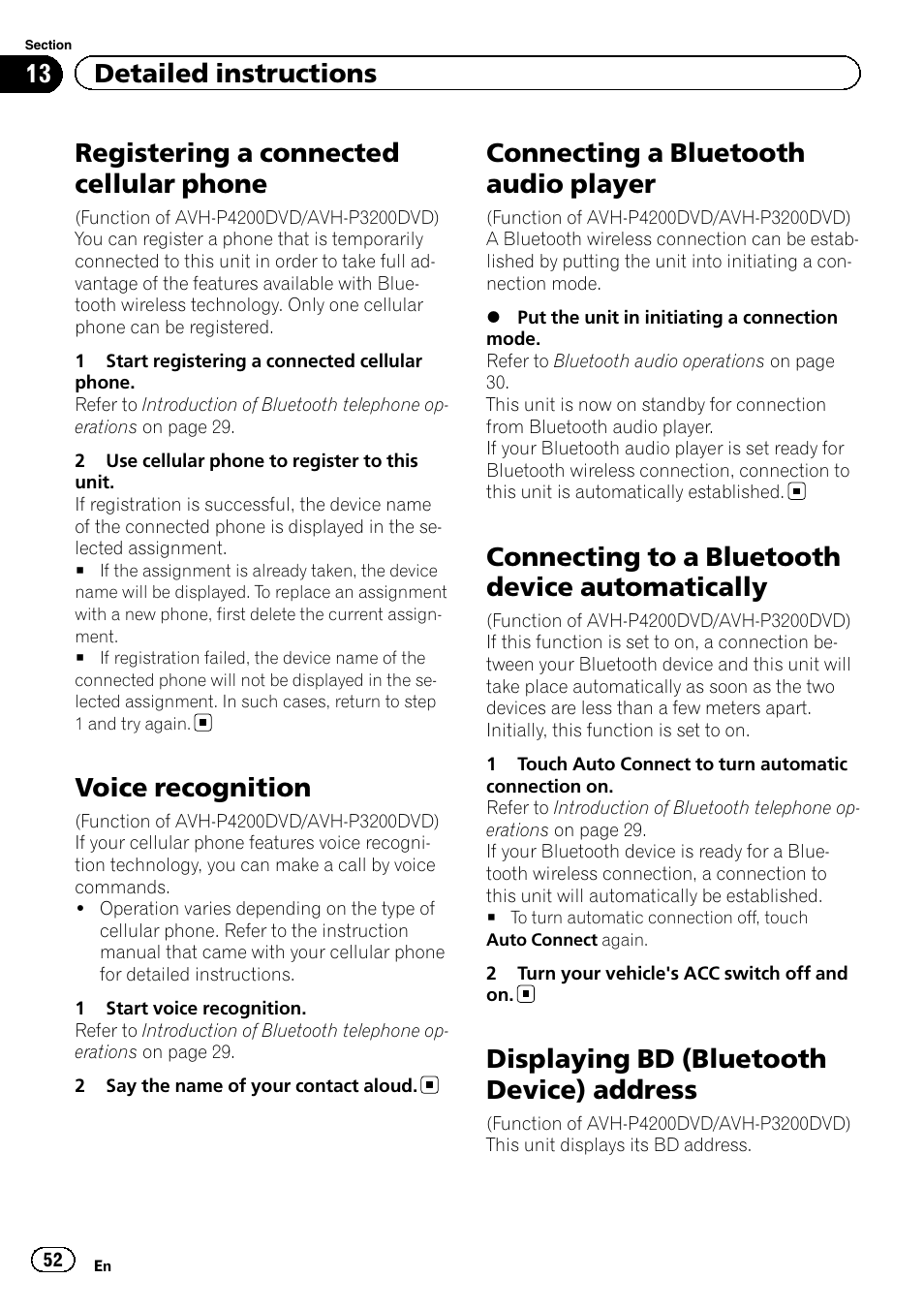 Registering a connected cellular phone, Voice recognition, Connecting a bluetooth audio player | Connecting to a bluetooth device, Automatically, Displaying bd (bluetooth device), Address, Connecting to a bluetooth device automatically, Displaying bd (bluetooth device) address, 13 detailed instructions | Pioneer AVH-P3200BT User Manual | Page 52 / 96
