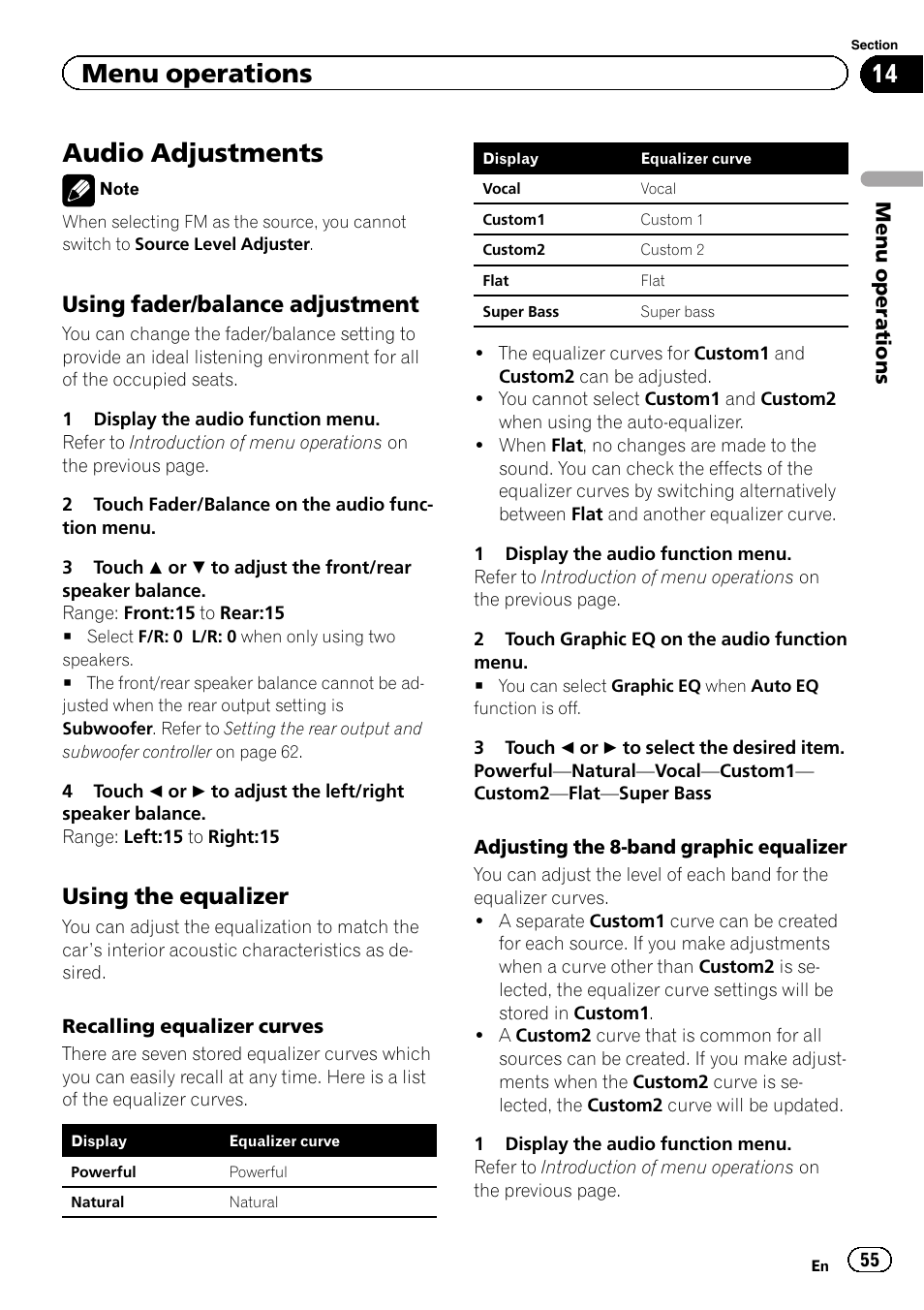 Audio adjustments, Menu operations, Using fader/balance adjustment | Using the equalizer | Pioneer AVH-P3200BT User Manual | Page 55 / 96