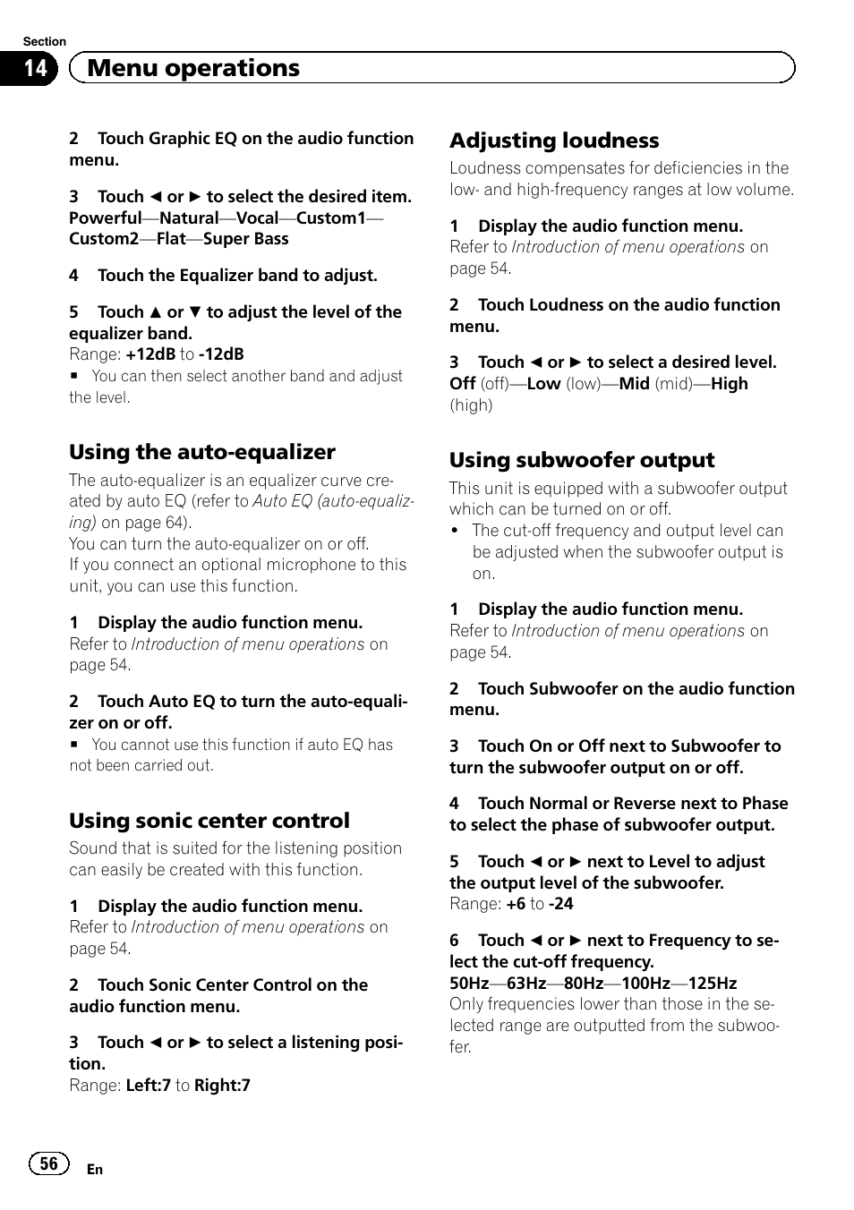 14 menu operations, Using the auto-equalizer, Using sonic center control | Adjusting loudness, Using subwoofer output | Pioneer AVH-P3200BT User Manual | Page 56 / 96