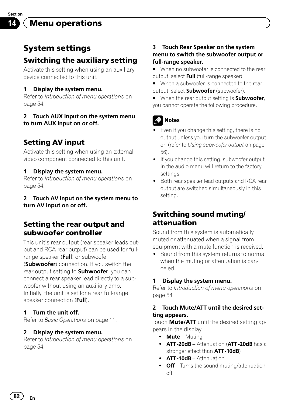 System settings, 14 menu operations, Switching the auxiliary setting | Setting av input, Setting the rear output and subwoofer controller, Switching sound muting/ attenuation | Pioneer AVH-P3200BT User Manual | Page 62 / 96