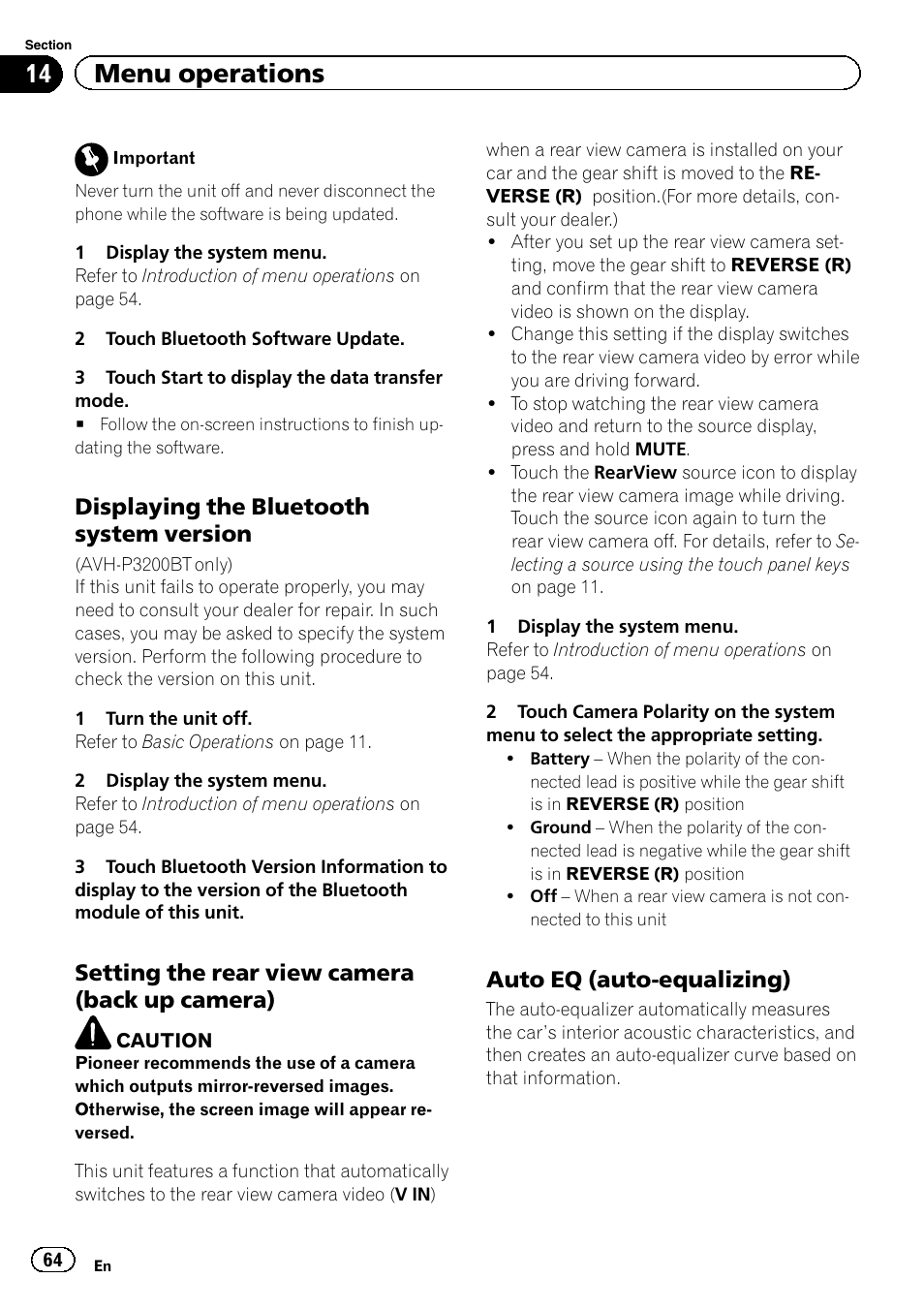 14 menu operations, Displaying the bluetooth system version, Setting the rear view camera (back up camera) | Auto eq (auto-equalizing) | Pioneer AVH-P3200BT User Manual | Page 64 / 96