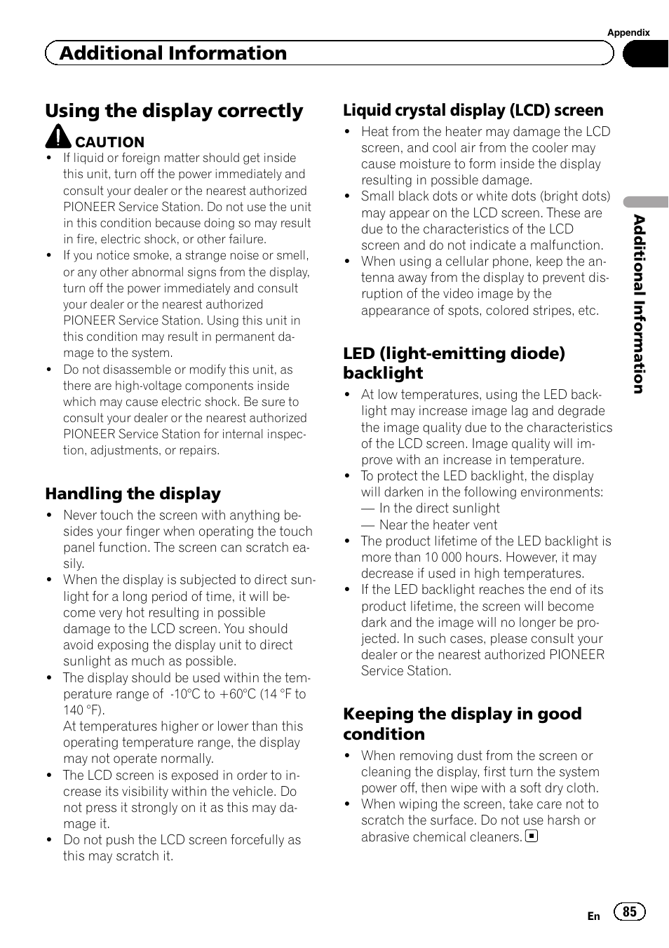 Using the display correctly, Additional information, Handling the display | Liquid crystal display (lcd) screen, Led (light-emitting diode) backlight, Keeping the display in good condition | Pioneer AVH-P3200BT User Manual | Page 85 / 96