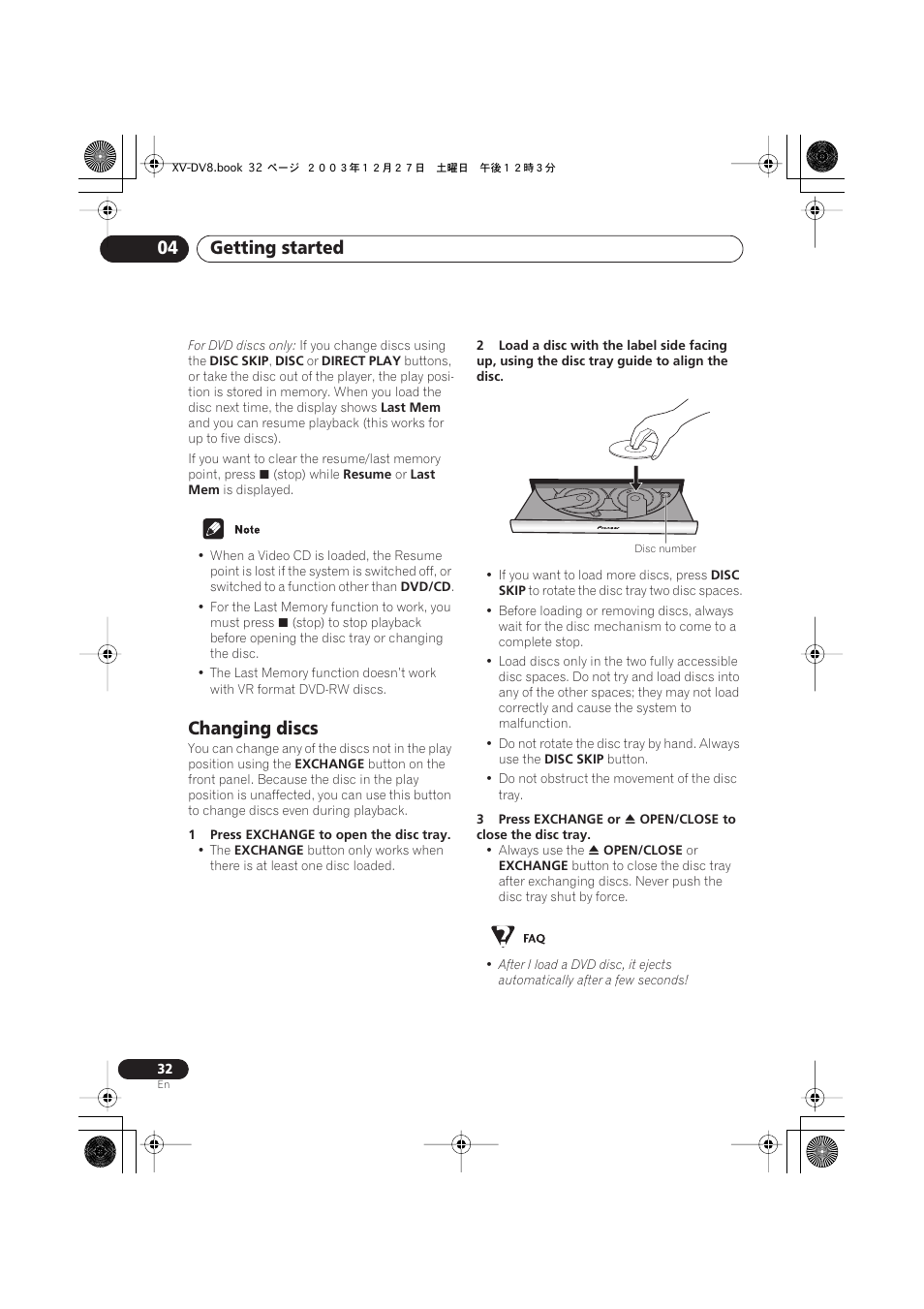 Changing discs, Getting started 04 | Pioneer S-DV8 User Manual | Page 32 / 84