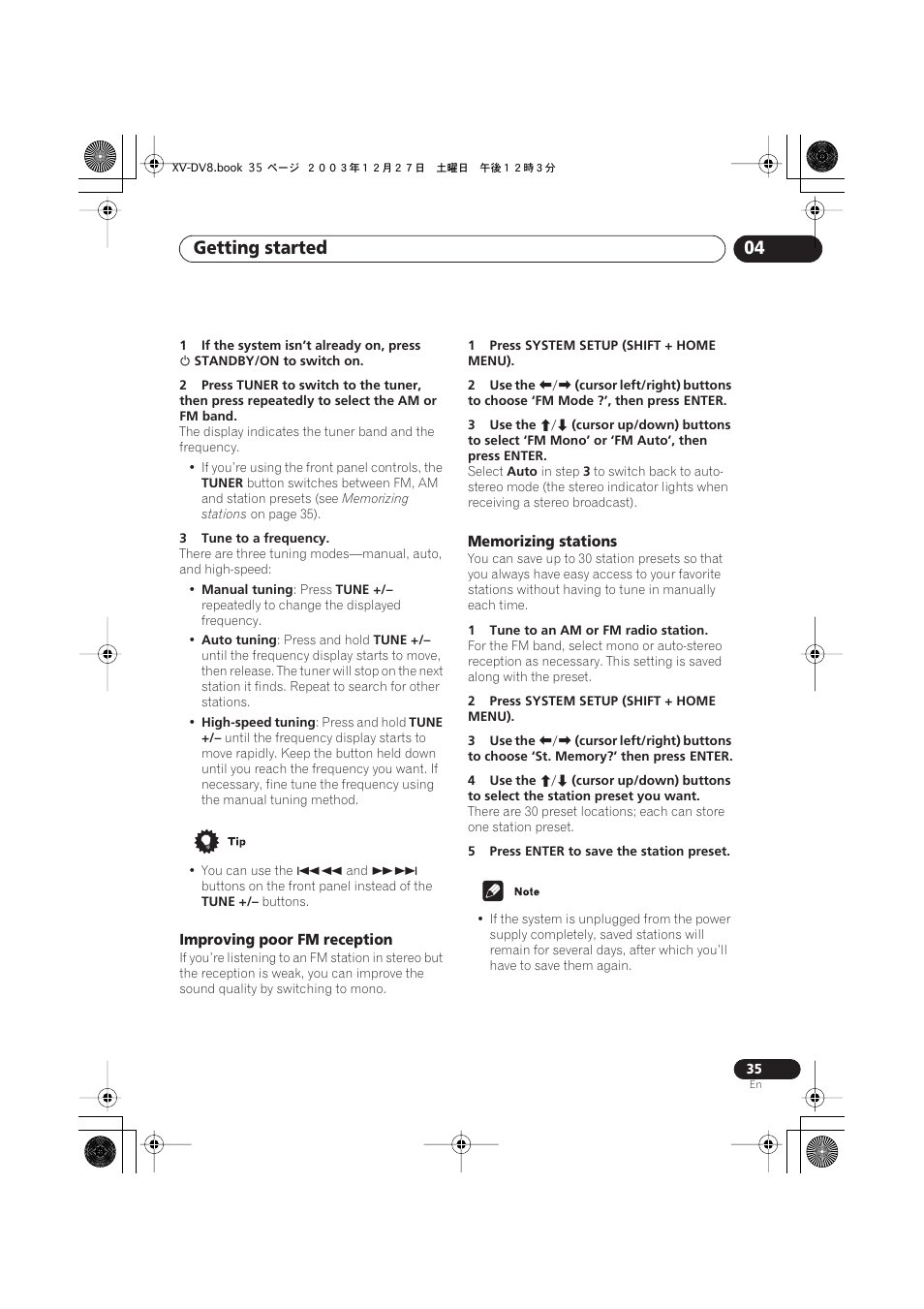 Improving poor fm reception, Memorizing stations, Getting started 04 | Pioneer S-DV8 User Manual | Page 35 / 84