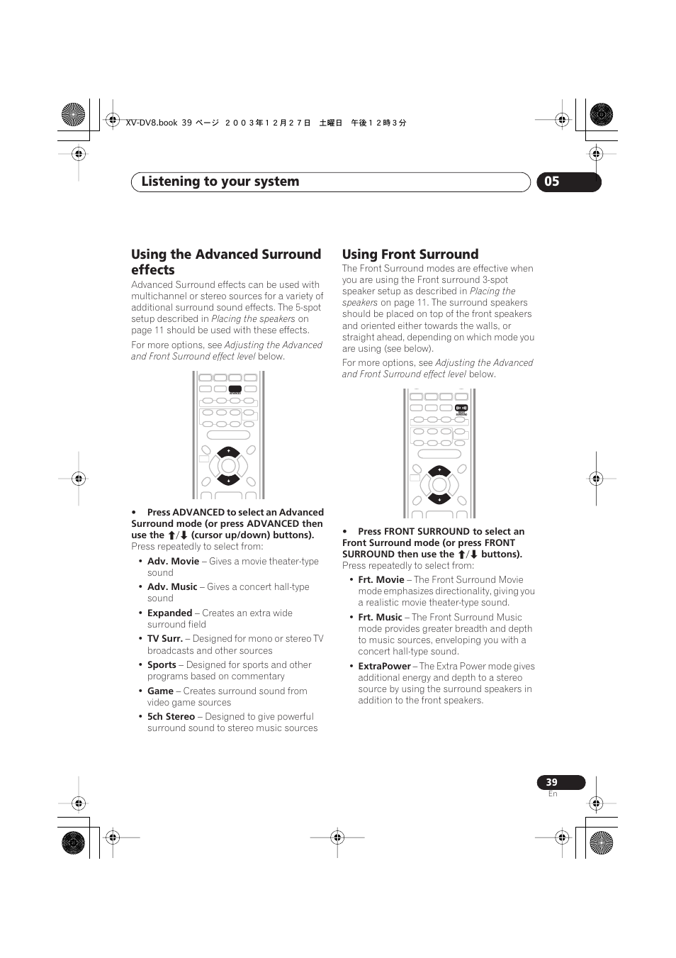 Using the advanced surround effects, Using front surround, Listening to your system 05 | Pioneer S-DV8 User Manual | Page 39 / 84