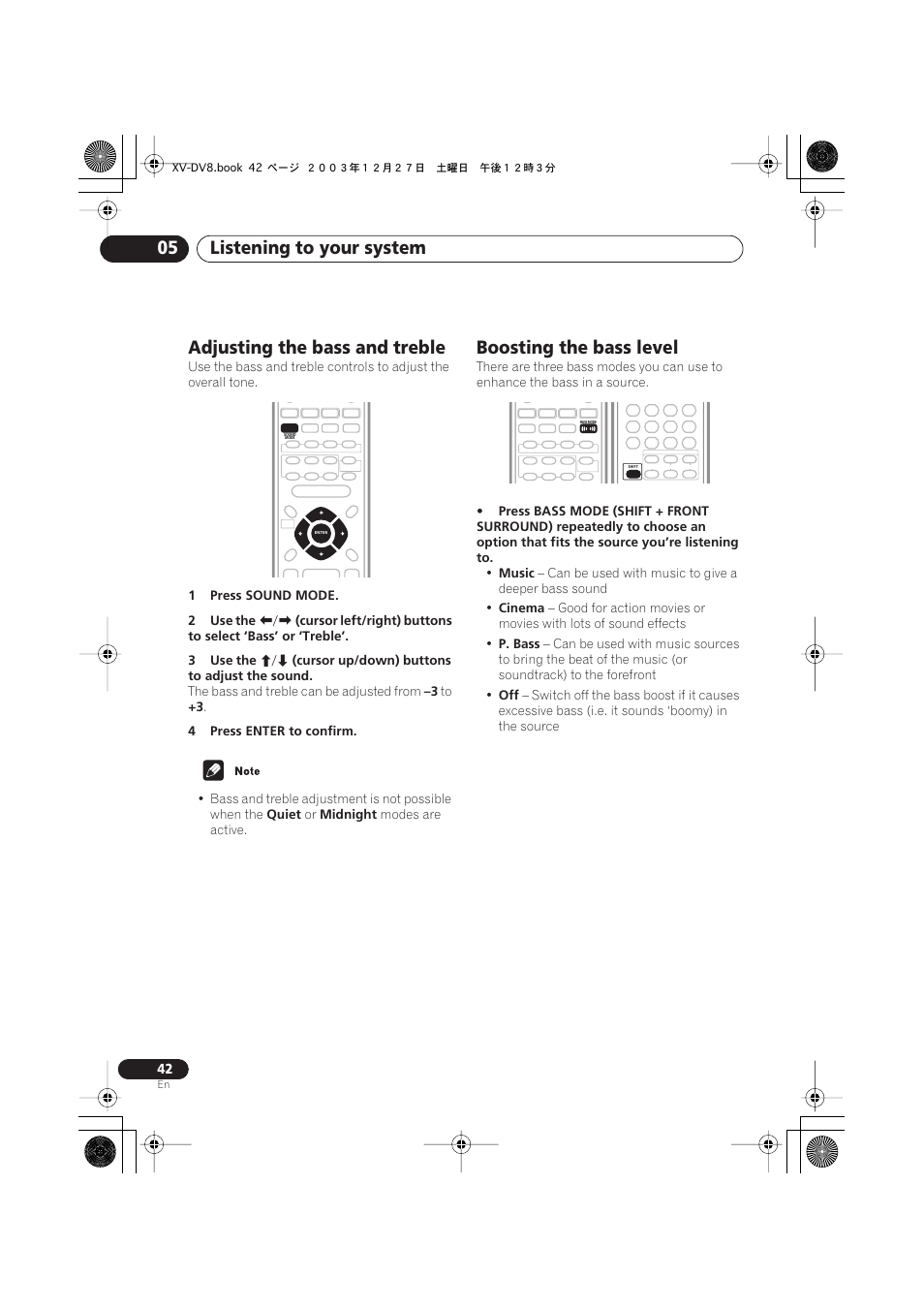 Adjusting the bass and treble, Boosting the bass level, Listening to your system 05 | Pioneer S-DV8 User Manual | Page 42 / 84