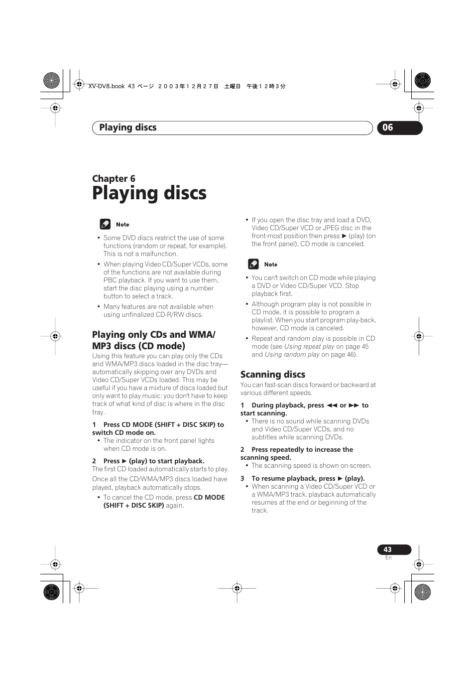 06 playing discs, Playing only cds and wma/mp3 discs (cd mode), Scanning discs | Playing discs, Playing discs 06, Chapter 6, Playing only cds and wma/ mp3 discs (cd mode) | Pioneer S-DV8 User Manual | Page 43 / 84