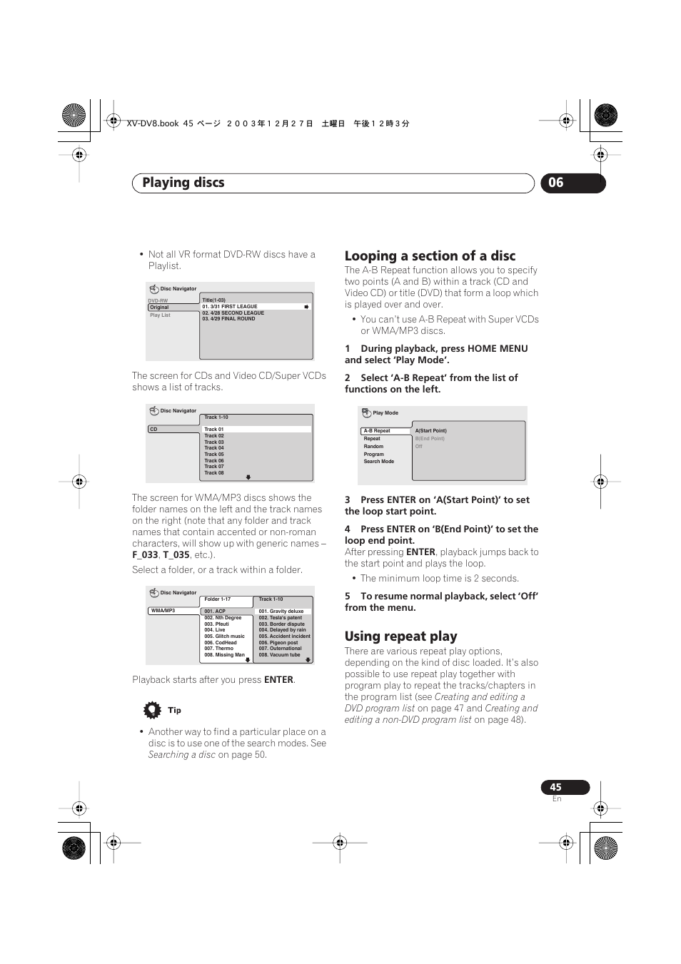 Looping a section of a disc, Using repeat play, Playing discs 06 | Pioneer S-DV8 User Manual | Page 45 / 84