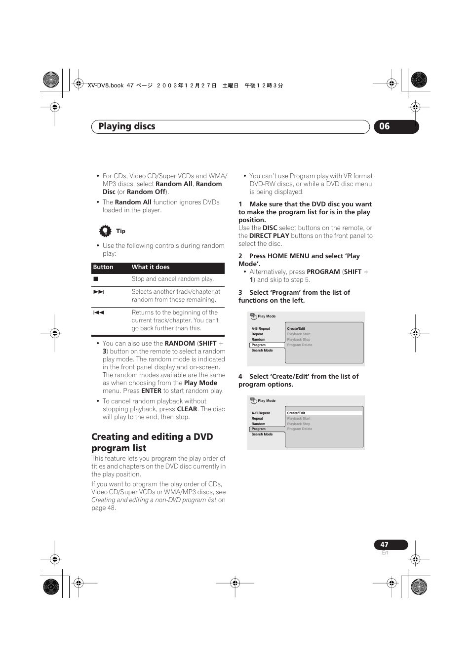 Creating and editing a dvd program list, Playing discs 06 | Pioneer S-DV8 User Manual | Page 47 / 84