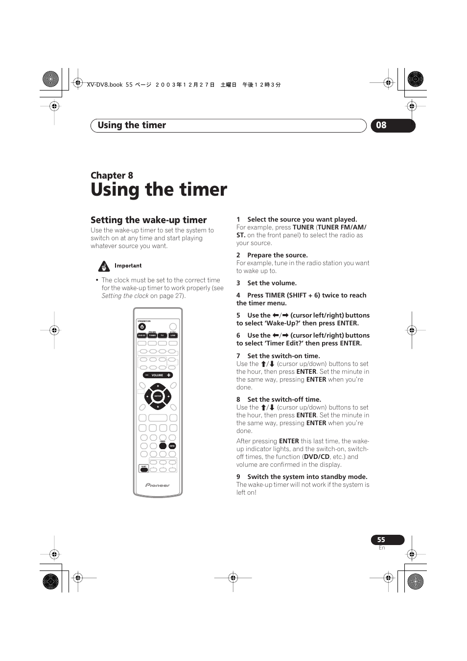 08 using the timer, Setting the wake-up timer, Using the timer | Using the timer 08, Chapter 8 | Pioneer S-DV8 User Manual | Page 55 / 84