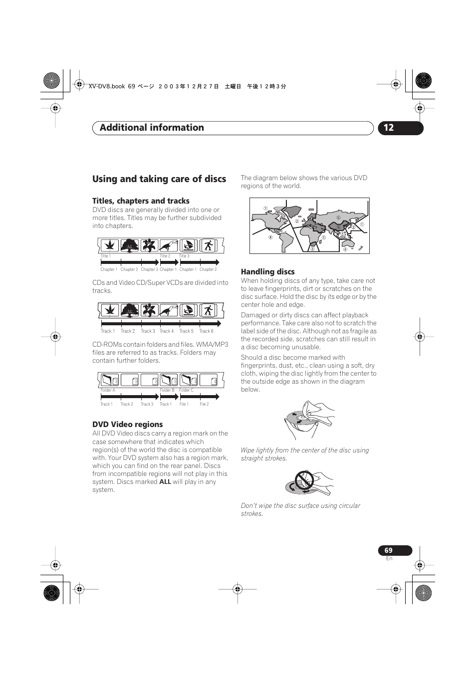 Using and taking care of discs, Titles, chapters and tracks, Dvd video regions | Handling discs, Additional information 12 | Pioneer S-DV8 User Manual | Page 69 / 84