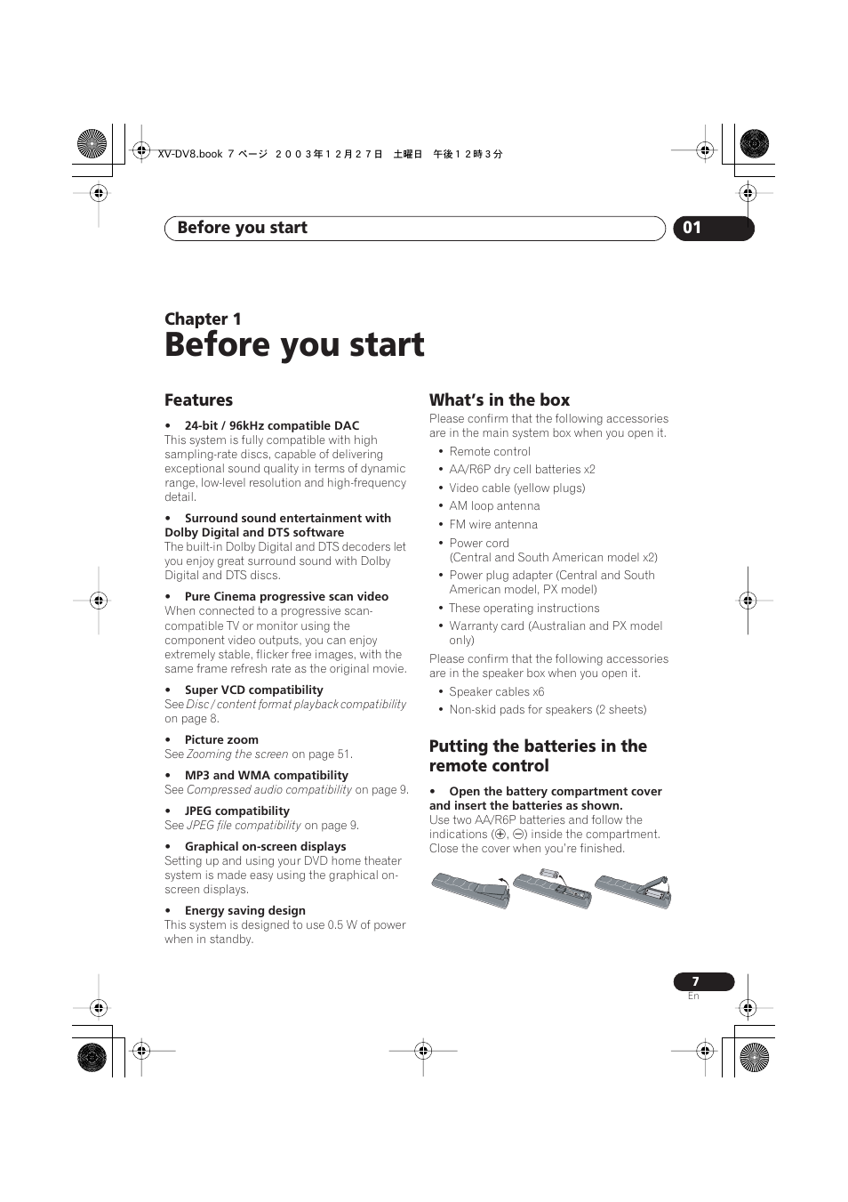 01 before you start, Features, What’s in the box | Putting the batteries in the remote control, Before you start, Before you start 01, Chapter 1 | Pioneer S-DV8 User Manual | Page 7 / 84