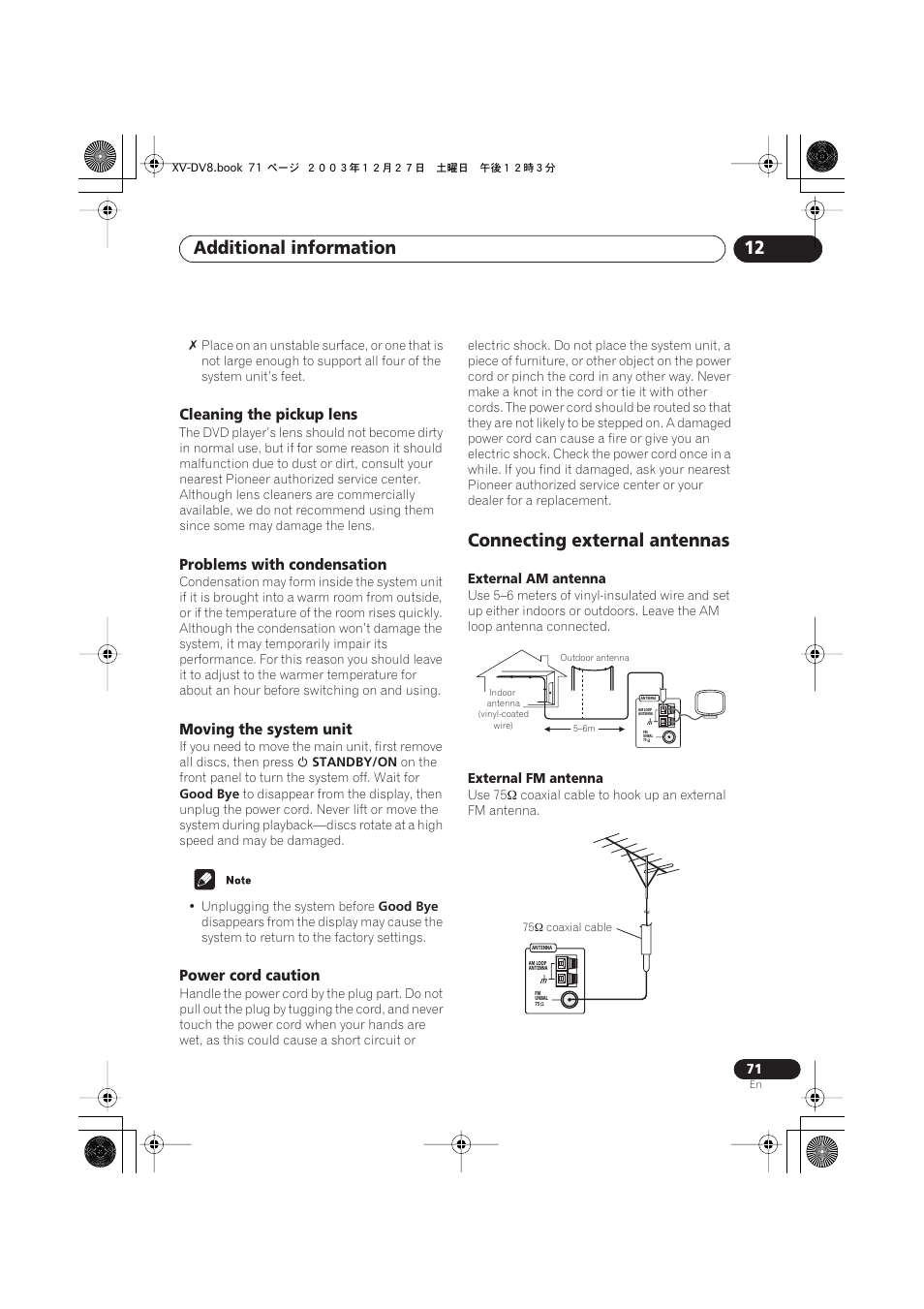 Cleaning the pickup lens, Problems with condensation, Moving the system unit | Power cord caution, Connecting external antennas, Additional information 12 | Pioneer S-DV8 User Manual | Page 71 / 84