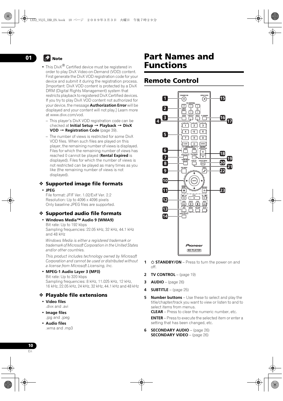 Part names and functions, Remote control, Rt names and functions | Remote cont, Supported image file formats, Supported audio file formats, Playable file extensions | Pioneer BDP-LX52 User Manual | Page 10 / 64