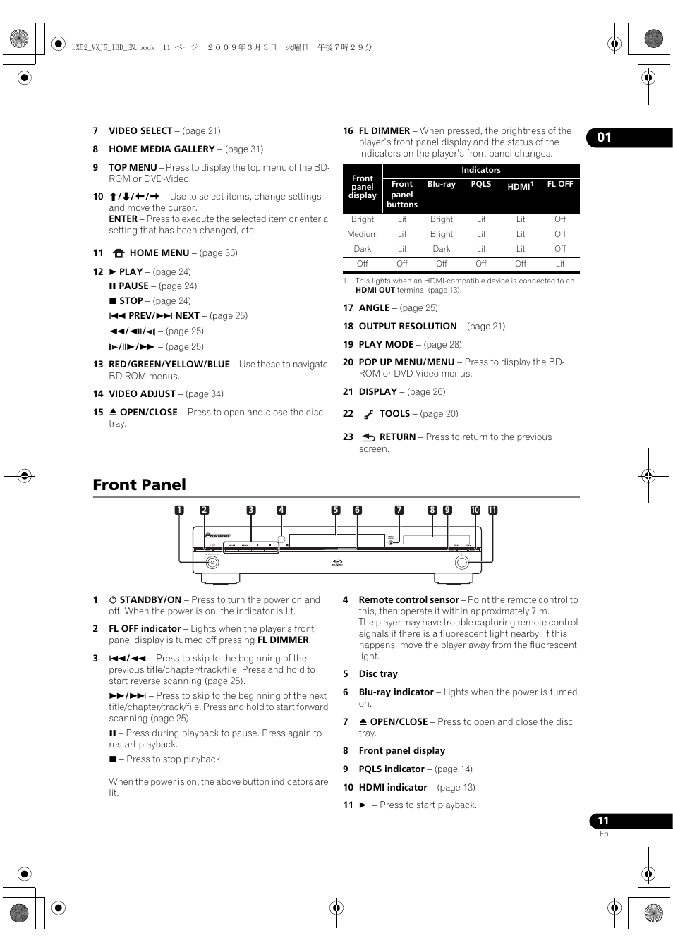 Front panel, Ront panel | Pioneer BDP-LX52 User Manual | Page 11 / 64
