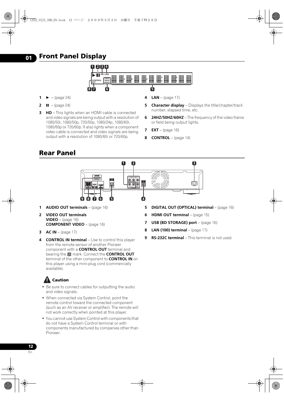 Front panel display, Rear panel, Ront panel display | R panel | Pioneer BDP-LX52 User Manual | Page 12 / 64